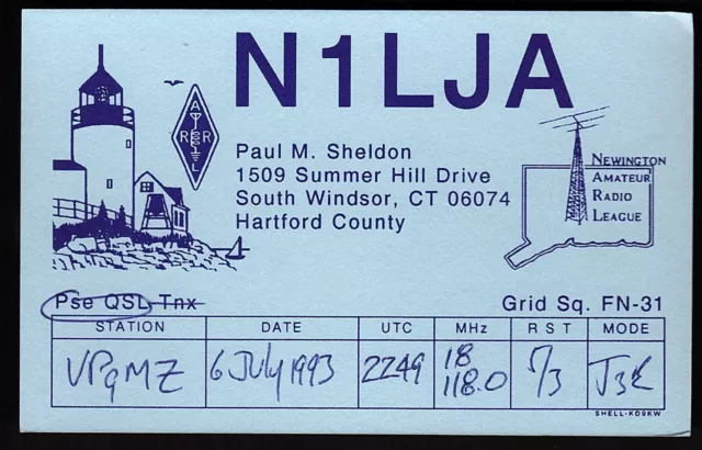 QSL QSO RADIO CARD "Paul M. Sheldon,N1LJA,Hartford County,Lighthouse",CT (Q2428)