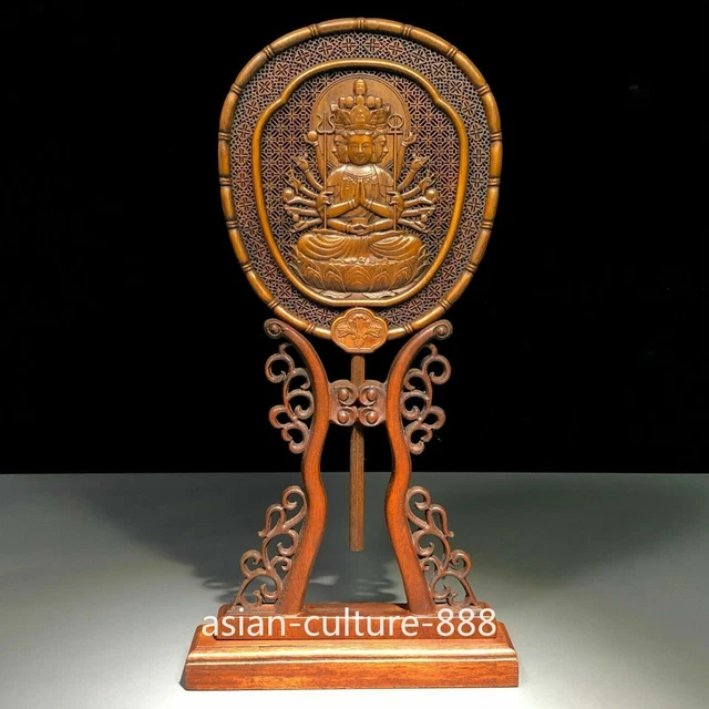 Old Boxwood Collectible Chinese Thousand-Hand Kwan-yin Fan Folding Screen Statue