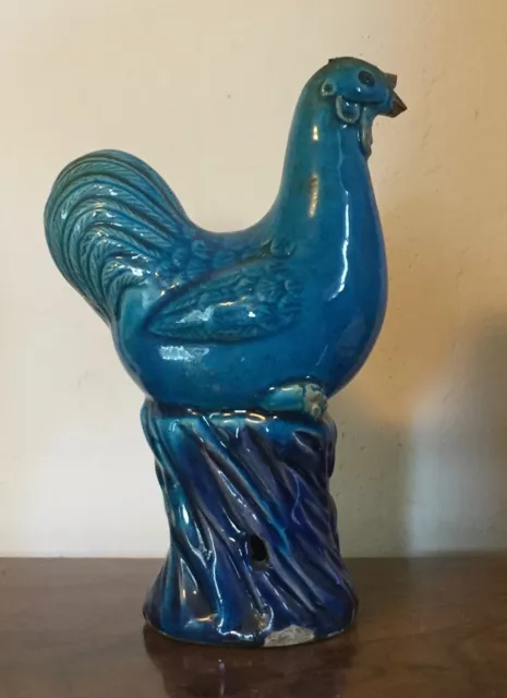 Antique Chinese Porcelain Rooster Cockerel Chicken Turquoise Blue Glaze 19th c.