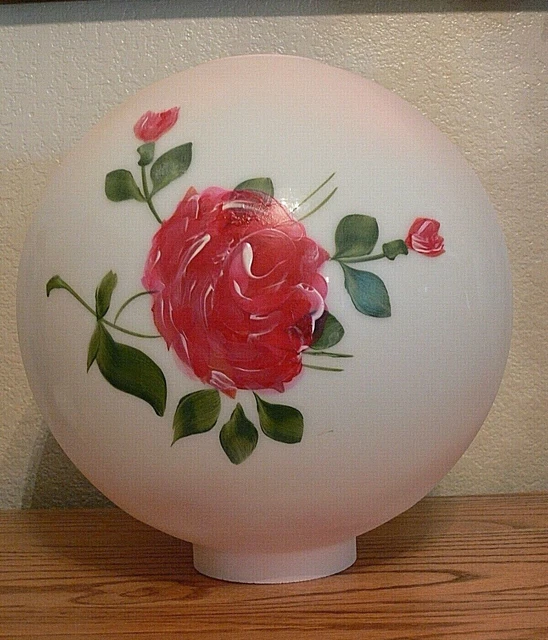 Vintage GWTW 12 in Hand Painted Glass Ball Oil Lamp Globe Shade Pink W Red Roses