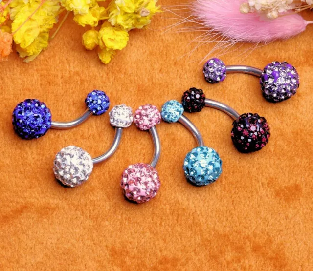 2 BAR SET Belly Bar Navel Crystal Shamballa Gem Labret Lip Bars Tragus Piercing