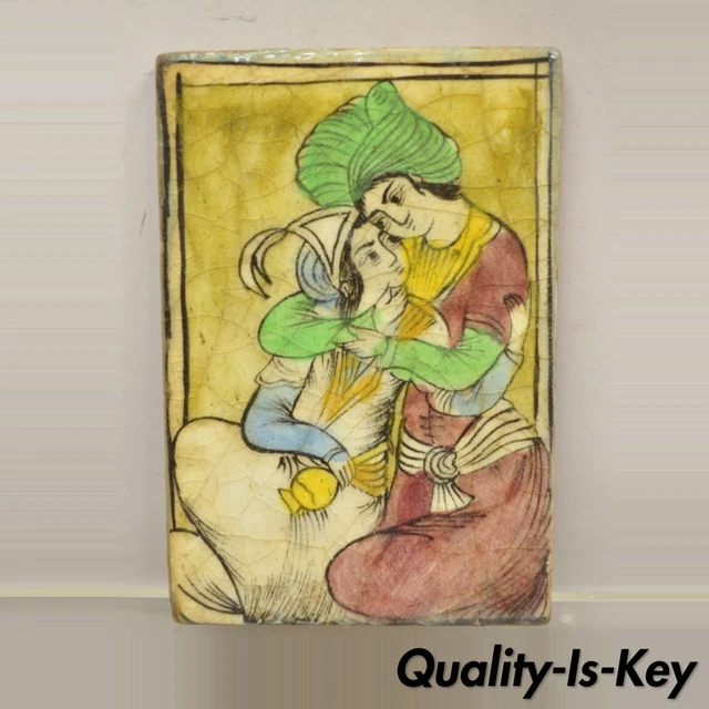 Antique Persian Iznik Qajar Style Yellow Ceramic Pottery Tile Loving Couple C5