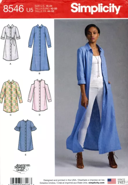 Simplicity 8546  Misses & Miss Petite Shirt Dress Duster Szs 6-24 Sewing Pattern