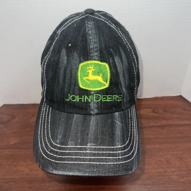 John Deere Distressed black Strap back Hat Baseball Cap Adjustable