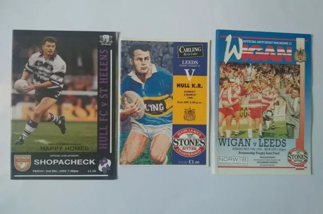 Lot x 9 English Rugby League Programmes 1991-95 inc Wigan Leeds Hull KR Salford 3