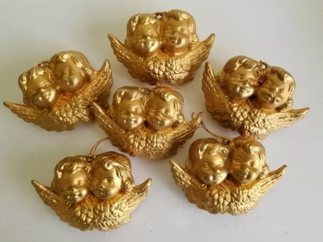 6 Gold Cherub Angels Christmas Ornaments Lot Vintage