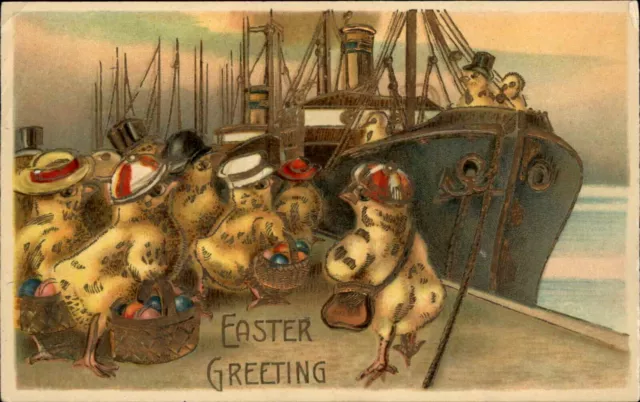 Dressed Easter Chicks on Cruise Ship Vintage~ Easter Fantasy Postcard~h285