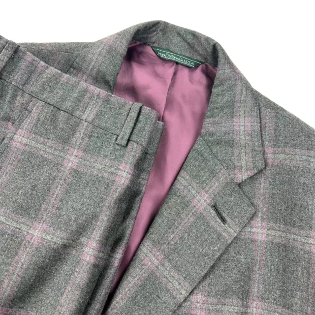 Martin Greenfield Men's Wool Flannel Suit Gray/Pink Windowpane • 46L | 40x32