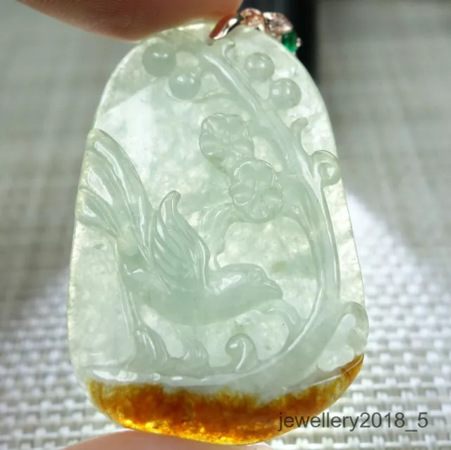 Certified Light Green+Tawny 100% Natural A jadeite jade Pendant~Magpie 喜上眉梢