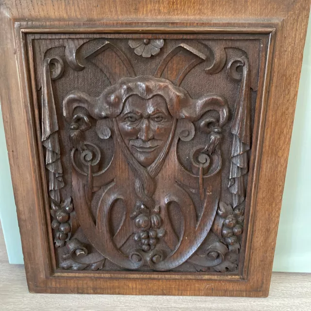 Antique  18th 19th Century Carved  Oak Wooden Panel Of A Jester