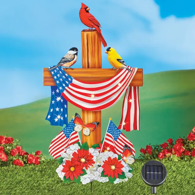 Cruz de bandera estadounidense patriótica solar con estaca de patio cantor decoración de jardín conmemorativo