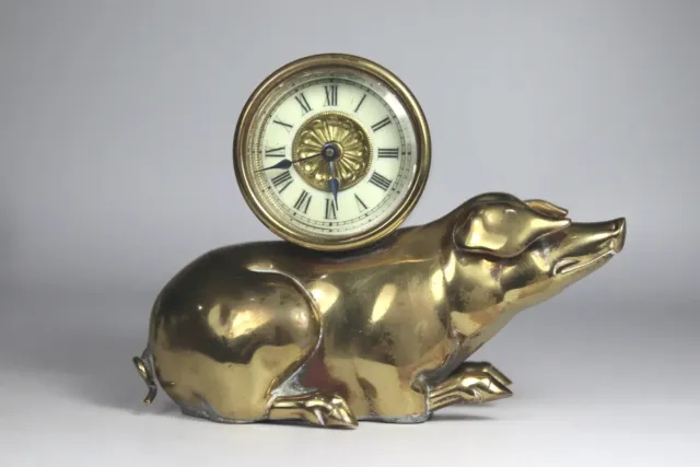 Antique 19th Century Victorian Brass Pig Wind Up Clock