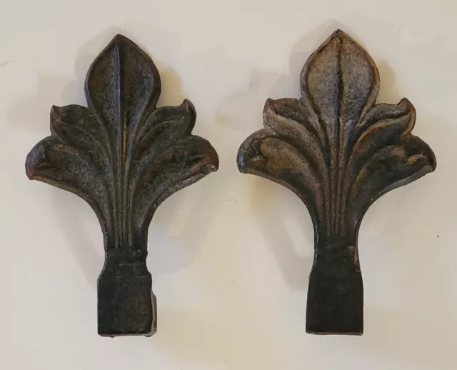 Pair Two (2) Antique Art Deco Era Leaf Motif Iron Curtain Hardware Rod Finials