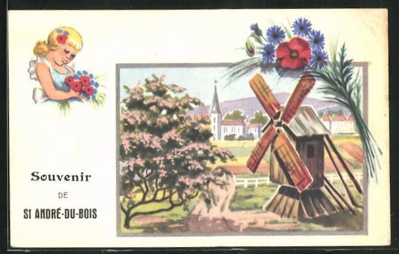 CPA Saint-Andre-du-Bois, vue générale avec moulin à vent, Moulin