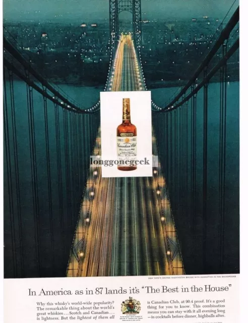 1959 CANADIAN CLUB Whiskey George Washington Bridge Vintage Print Ad