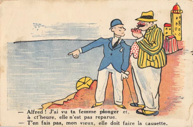 Carte Postale Ancienne Illustrateur Alfred J'ai Vu Ta Femme Plonger