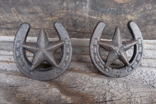 Vintage Antique Drawer Pulls Handles Horseshoe Star Cast Iron Knob Lot of 2