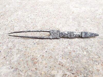 19c Vintage Old Primitive Hand Carved Tribal Lady Iron Hair Bun Pin Dagger Rare