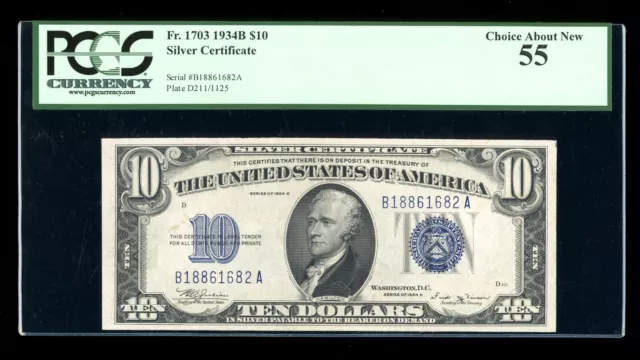 DBR 1934-B $10 Silver Vinson Fr. 1703 PCGS 55 Serial B18861682A
