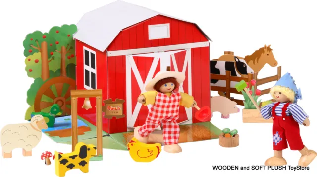 NEW child's gift FARM HOUSE ACTIVITY DOLL SET pretend play wooden FARM ANIMALS