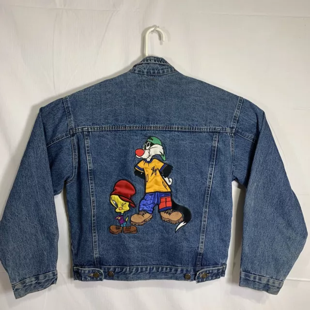 Looney Tunes Vtg Embroidered Denim Sylvester The Cat & Tweety Bird Jean Jacket