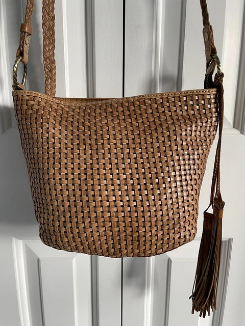 Patricia Nash Valbella Tan Brown Woven Leather Zip Top Crossbody Shoulder Bag