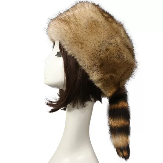 WINTER HAT FAUX Fur Raccoon Tail Russian Round Flat Top Ear Protects ...