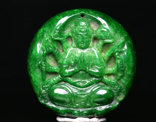 Natural Emerald Jadeite Green Jade 12 Arms Guanyin Quanyin Buddha Yubi Pendant