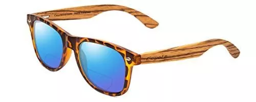 Coyote Woodie Polarized Bi-Focal Sunglasses Black Tortoise 52mm Blue Mirror+3.00