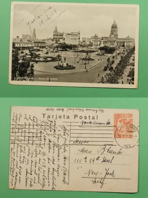 ARGENTINA AK PPC Postcard BUENOS AIRES PLAZA CONGRESO 1929 to NY USA Top Rare