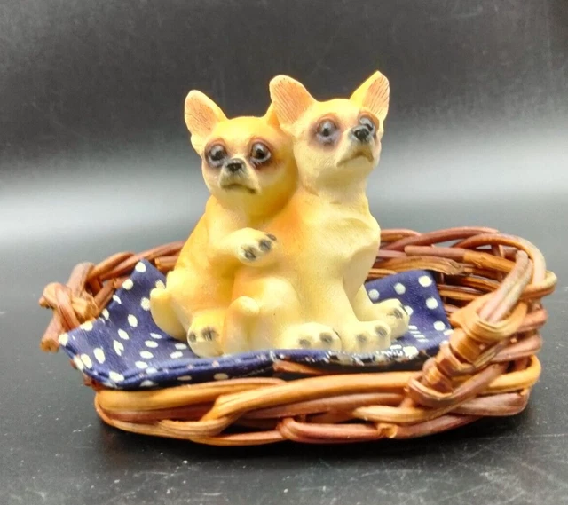 Miniature Chihuahua Puppies in Wicker Basket Figurine  2 Tall " Resin Adorable