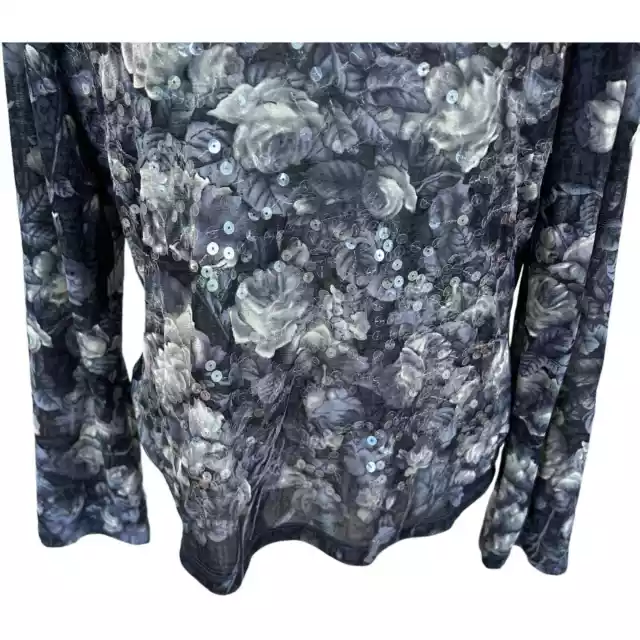 JONES NEW YORK Womens Long Gray Black Floral Roses Sequin Stretchy Top ...