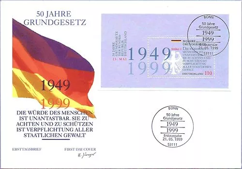 BRD 1999: Grundgesetz 50 Jahre! Groß-FDC Block Nr. 48 mit Bonner Stempel! 24-03