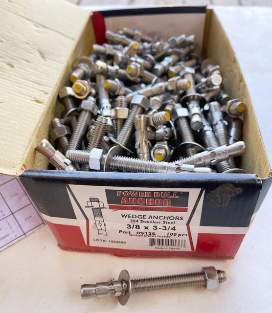 100 3/8"-16 X 3 3/4" Wedge Anchors 304 Stainless Steel Power Bull