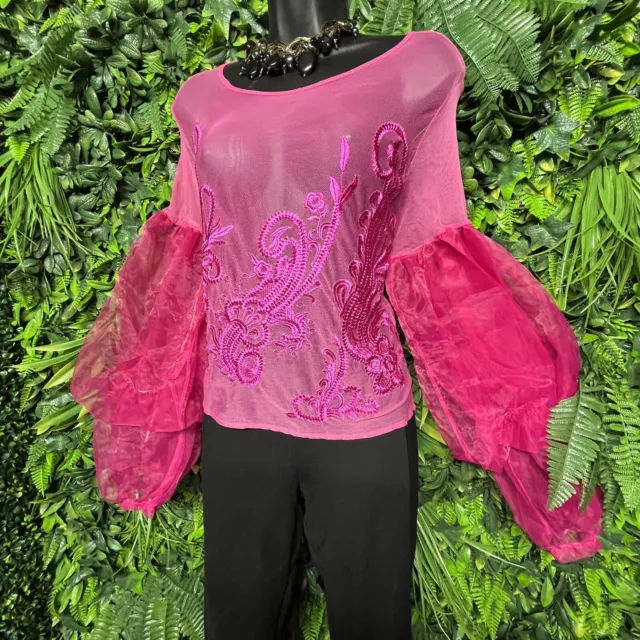 Women Tops Medium Pink Sheer Blouse Balloon Sleeve Embroidery Impulsive 1485