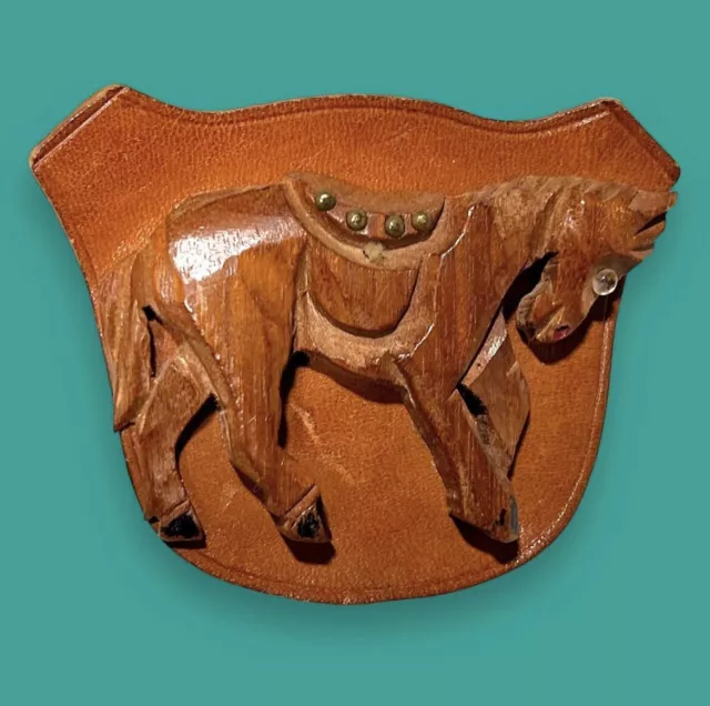 Leather & Carved Wood Horse Brooch, Bakelite Era Equestrian Figural Pin