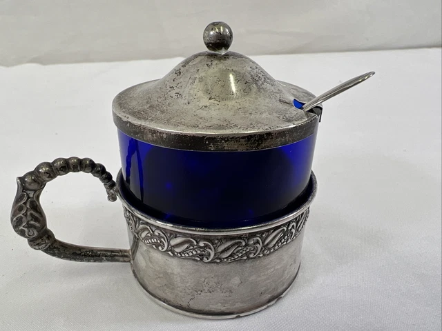 VTG 925 Mustard Pot Cobalt Blue Sterling Spoon Webster - Sterling Silver