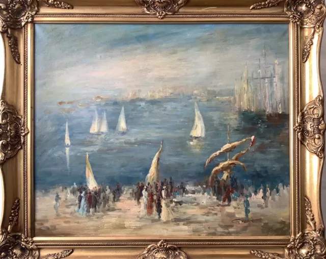 FRENCH IMPRESSIONIST Nautical Boats Animated Beach FRENCH Oil Vintage painting