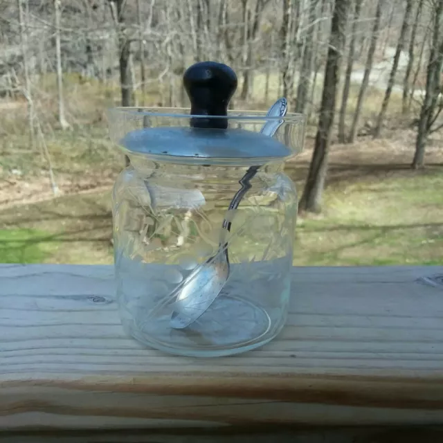 Vintage Etched Glass Jam Jelly Jar & Silver-plate  Spoon