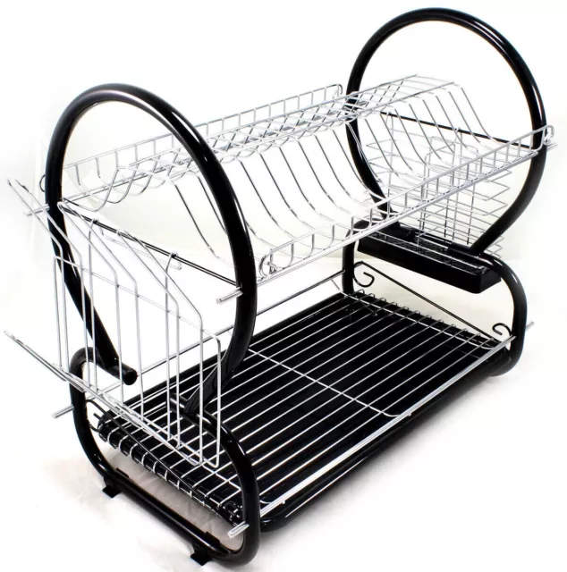 New 2 Tier Chrome Plate Dish Cutlery Cup Drainer Rack Drip Tray Plates Holder