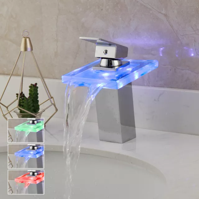 LED Chrome Bathroom Basin Faucet Waterfall Spout Tempered Glass Mixer Sink Tap