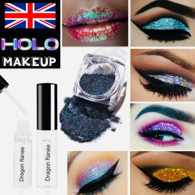 Holographic Glitter Eyeshadow Makeup Fix Gel Face Body Glue Unicorn Silver Brush