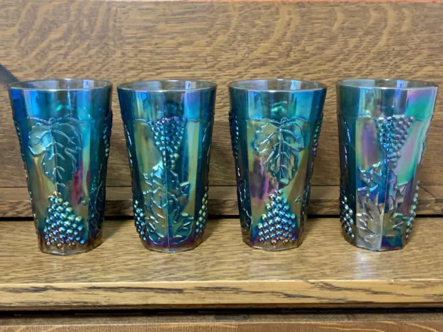 Set of 4 Indiana Glass Tumblers Glasses Iridescent Blue Carnival Harvest Grape