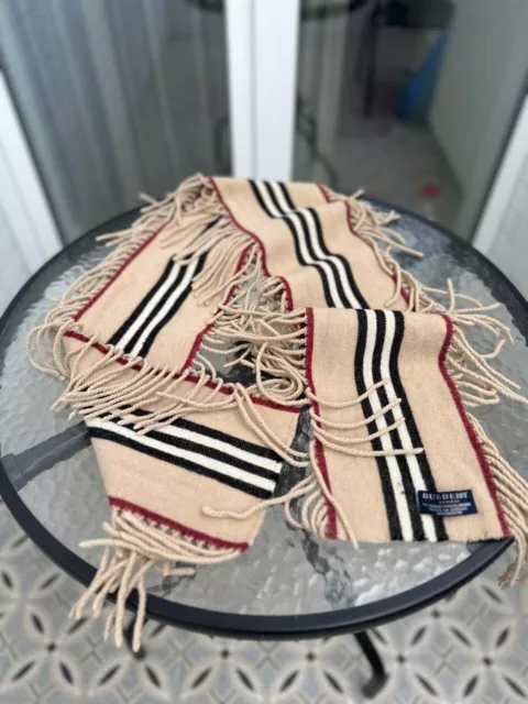 Burberry London Wool Cashmere Beige Stripe Fringe Scarf