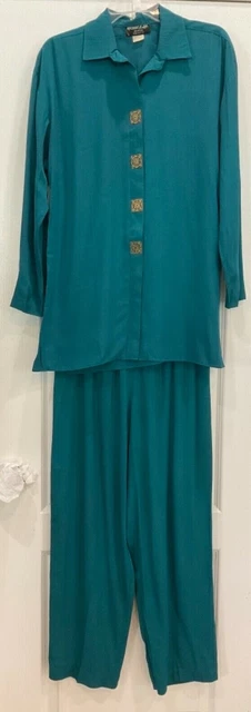 Michael B Ltd Womens Tunic Style Pant Suit Sz 12 Teal Green Hidden Buttons 71