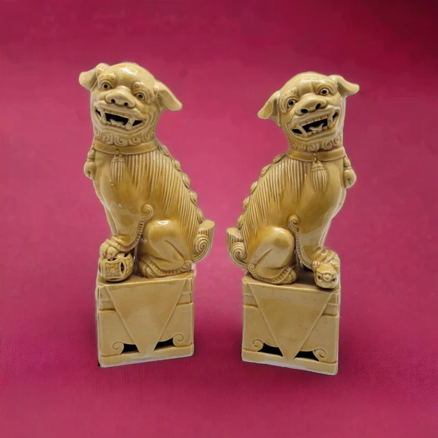 Vintage Pair of Chinese Mustard Yellow Glazed Foo Dogs - 6.25"