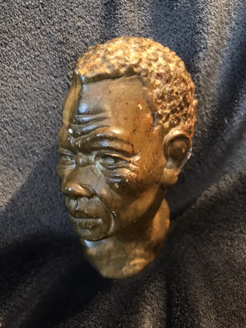 Vintage Hand Carved Soap Stone African Man Head Bust Shona Sculpture