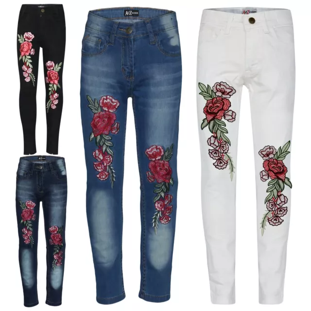 Kids Girls Stretchy Jeans Designer Rose Embroidered Denim Pants Trousers Jegging