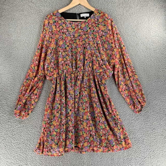 WAYF Dress Women Large Mini Long Dolman Sleeve Chiffon Floral Print Blouson