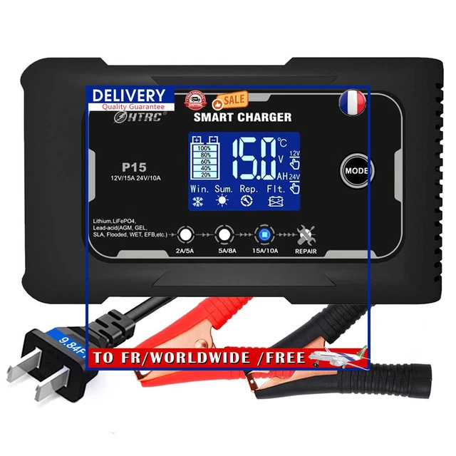HTRC Automatic 12V/24V 15A Car Battery Charger for RV PB LIFEPO4 AGM (EU)